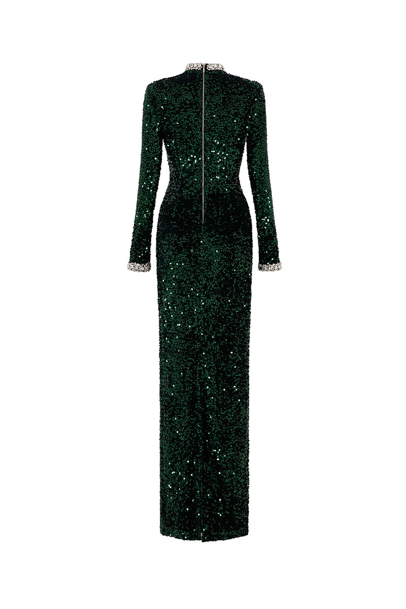 Valenciani green sequin bodycon maxi dress, elegant gown with shimmering sequins, fitted silhouette, and floor-length design.