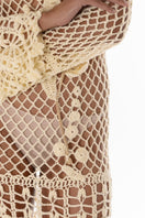 Butter yellow handmade crochet maxi dress by Andreeva featuring a sleeveless design and flowing silhouette.