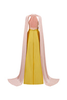 Pink and yellow bamboo taffeta gown from Tracy Studio, featuring a flowing design and elegant fabric details.