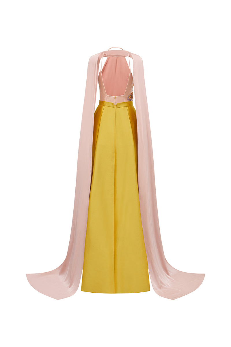 Pink and yellow bamboo taffeta gown from Tracy Studio, featuring a flowing design and elegant fabric details.
