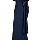Dark blue A-line gown by GVLUX featuring a flowing silhouette and elegant design, perfect for formal occasions.