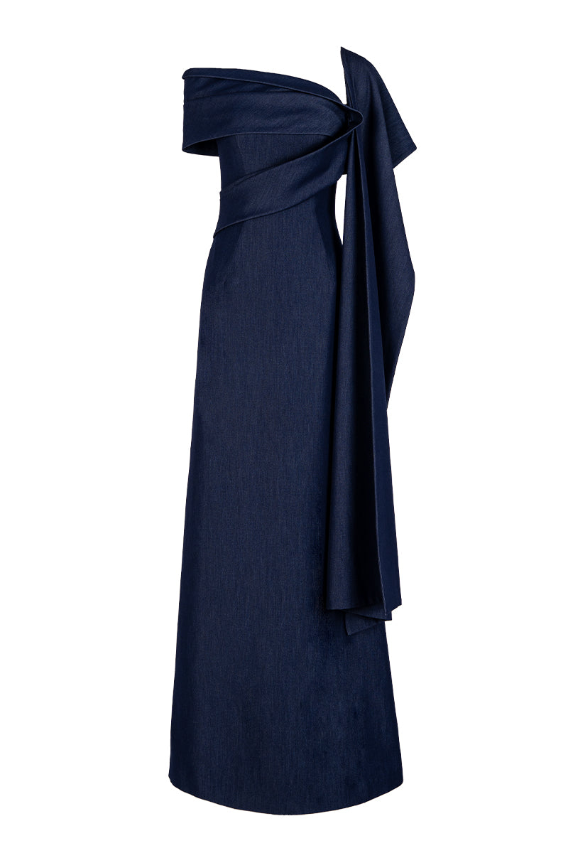 Dark blue GVLUX A-line maxi dress displayed on a hanger, showcasing its flowing silhouette and elegant design.