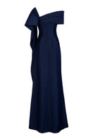 Dark blue A-line gown by GVLUX, elegant evening dress with flowing fabric and fitted bodice, suitable for formal occasions.