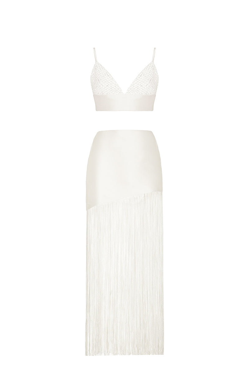 Ivory fringe two-piece co-ords set by Monika Dimova, featuring a stylish top and matching bottoms with fringe detailing.