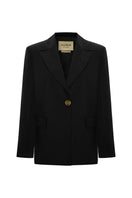 Black Earth Blazer jacket by Acaria Studio, shown on a hanger with detailed fabric and tailored fit.