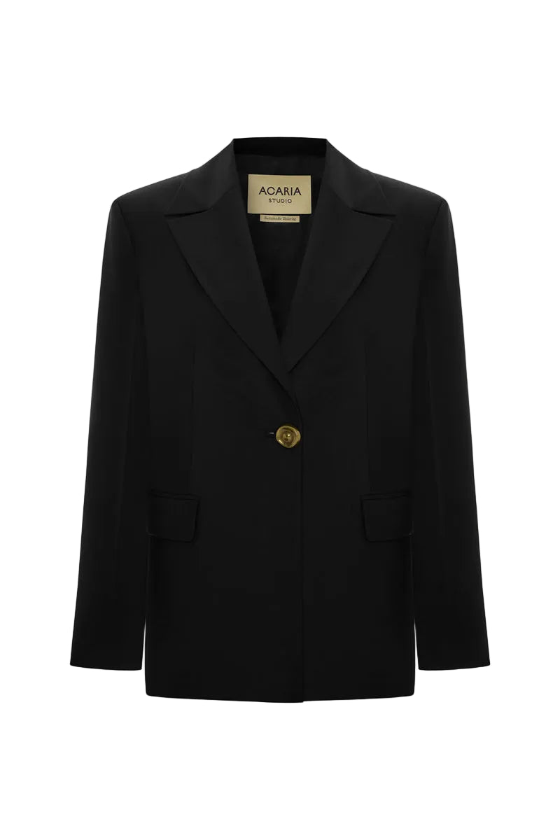 Black Earth Blazer jacket by Acaria Studio, shown on a hanger with detailed fabric and tailored fit.