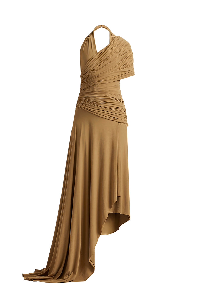 Deme By Gabriella Sharon dark beige maxi dress with flowing fabric and elegant design, perfect for casual or formal occasions.