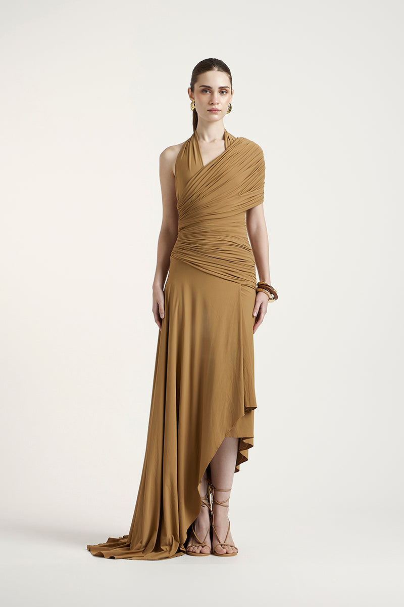 Deme By Gabriella Sharon dark beige maxi dress with flowing fabric and elegant design, perfect for casual or formal occasions.