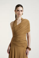 Deme By Gabriella Sharon dark beige maxi dress with flowing fabric and elegant design, suitable for casual or formal occasions.