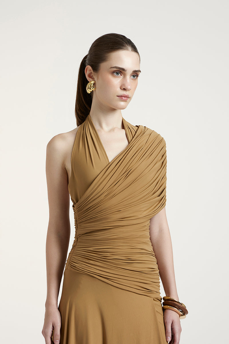 Deme By Gabriella Sharon maxi dress in dark beige, flowing fabric with a relaxed fit and elegant design.