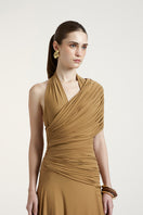 Deme By Gabriella Sharon dress in dark beige, a stylish maxi dress with flowing fabric and elegant design.