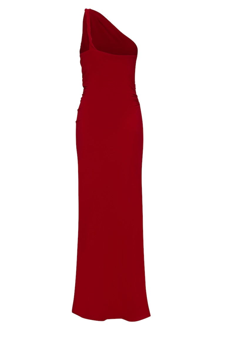 Red Baobab CELELE maxi dress with flowing fabric and sleeveless design, displayed on a hanger.