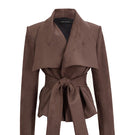 Brown suede mini trench jacket by Kris Marán, shown on a hanger with a close-up of the textured suede fabric.
