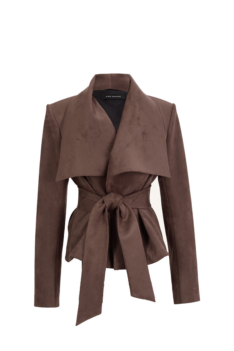 Brown suede mini trench jacket by Kris Marán, shown on a hanger with a close-up of the textured suede fabric.