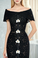 Black off-shoulder lace midi dress by Do Long, featuring a fitted bodice and flowing skirt, perfect for elegant occasions.