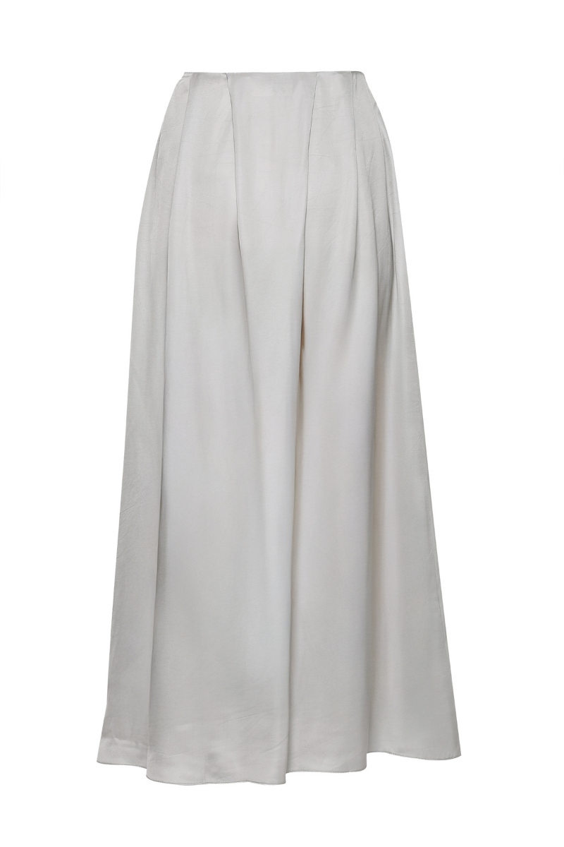 Summer Away Amal Gray Maxi Skirt displayed on a model, featuring a flowing design and comfortable waistband.