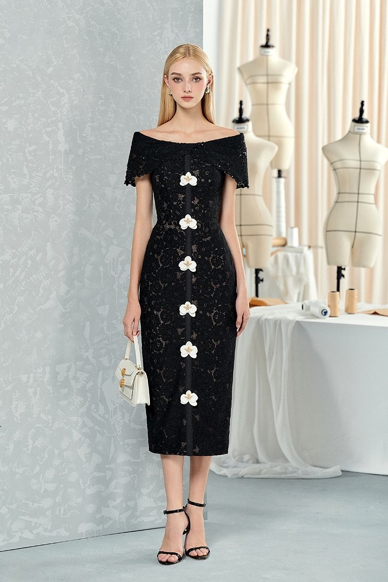 BLACK OFF-SHOULDER LACE MIDI DRESS - CULT MIA