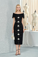 Black off-shoulder lace midi dress by Do Long, featuring a fitted silhouette and elegant design, perfect for formal occasions.