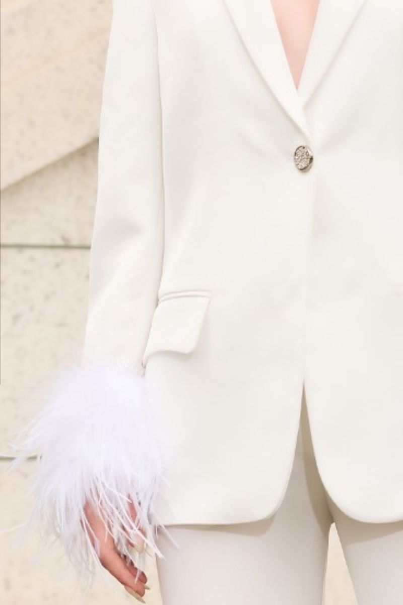 WHITE KELLY TAFFETA FEATHER SUIT JACKET AND PANTS SET - CULT MIA