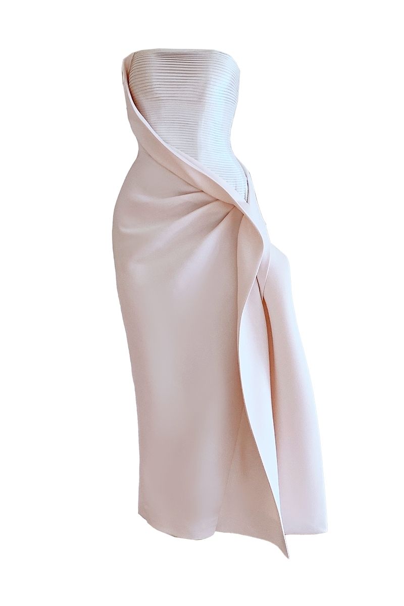 BEIGE STRAPLESS MIDI DRESS WITH FABRIC FLOWERS - CULT MIA