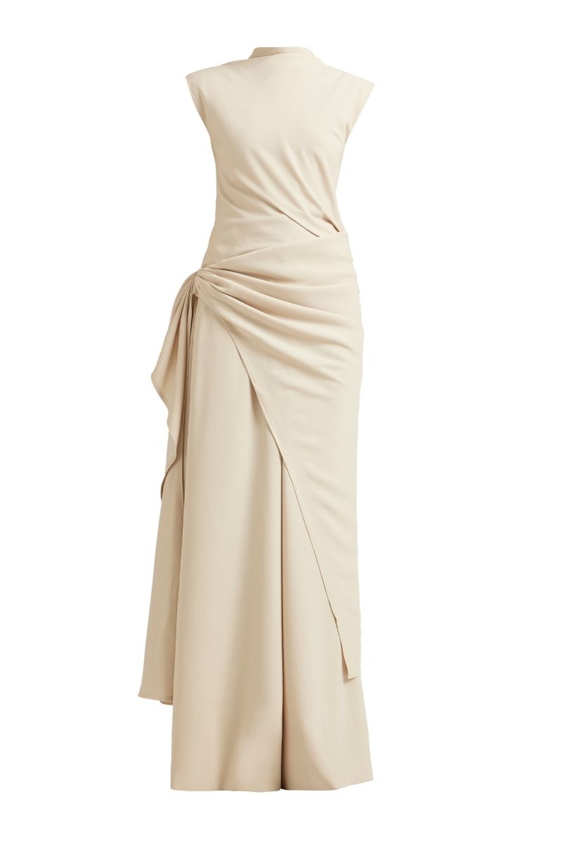 Deme By Gabriella Antonia beige three-piece co-ord outfit set featuring a top, trousers, and matching jacket.