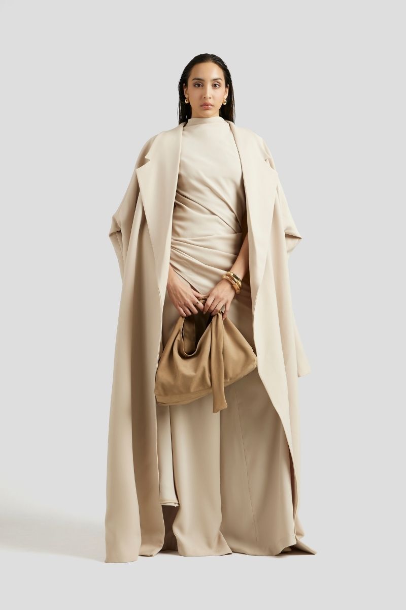 Deme By Gabriella Antonia three-piece beige co-ords outfit set featuring a top, trousers, and a matching jacket.