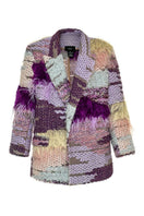 Lalo Avril jacket in purple multi with a stylish, patterned design, displayed on a hanger against a plain background.