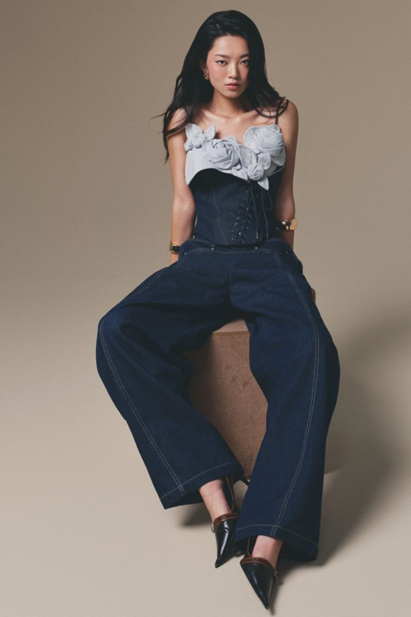 Keira Tong Petal Bustier Top shown on a model, featuring a floral petal design and strapless style for trendy summer wear.