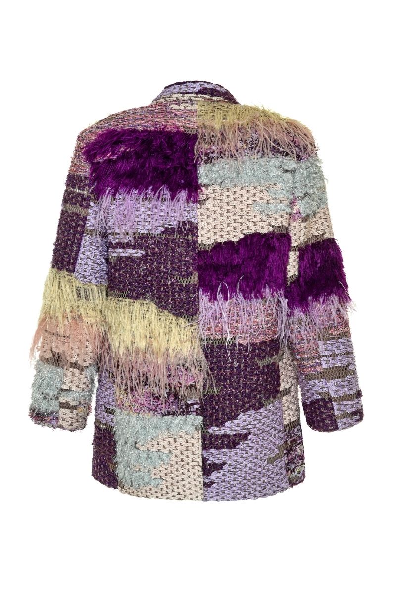 Lalo Avril jacket in purple multi with colorful patterns, lightweight jacket featuring a stylish and vibrant design.
