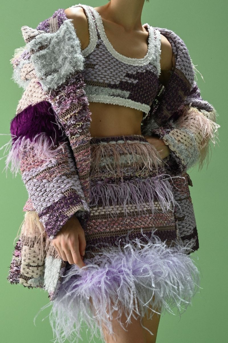 Lalo Avril jacket in purple multi with colorful patterns, lightweight fabric, and a stylish casual fit.
