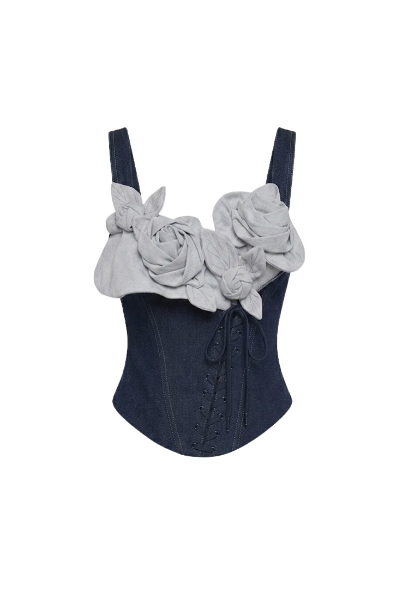 Keira Tong Petal Bustier Top in soft fabric with floral petal design, featuring a fitted sleeveless style and sweetheart neckline.