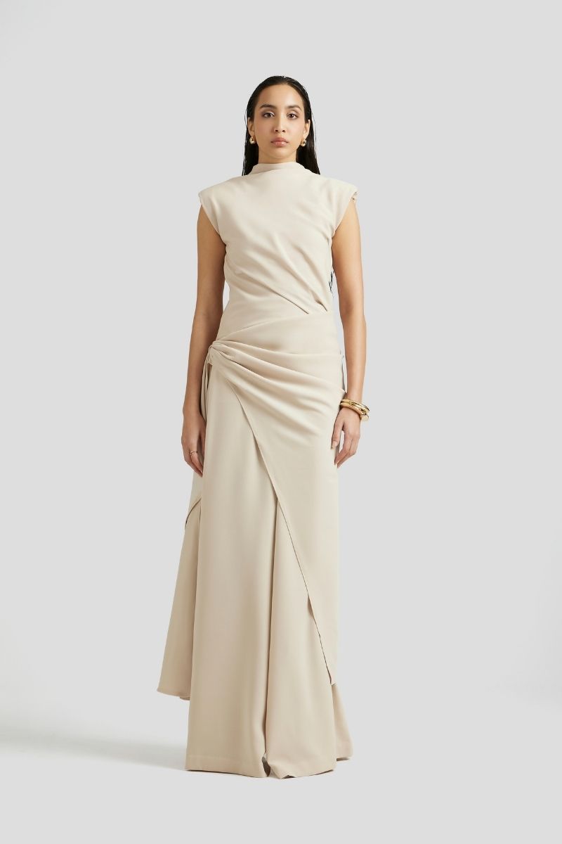 Deme By Gabriella Antonia three-piece beige co-ords outfit set, featuring a top, pants, and matching accessories.