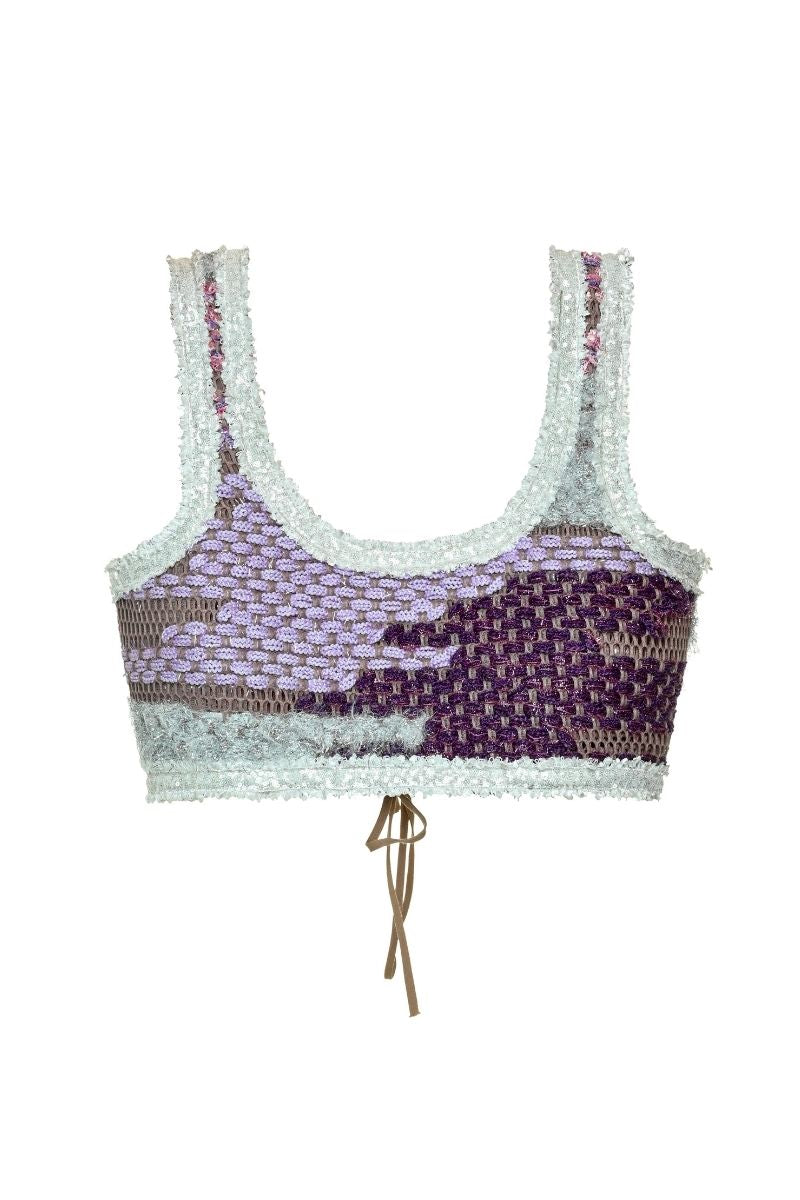Lalo Avril crop top in purple multi with colorful pattern, short sleeves, and fitted style, perfect for casual wear.