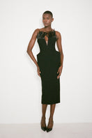 Nué Harper Feather Midi Dress featuring elegant feather details and a flowing silhouette.