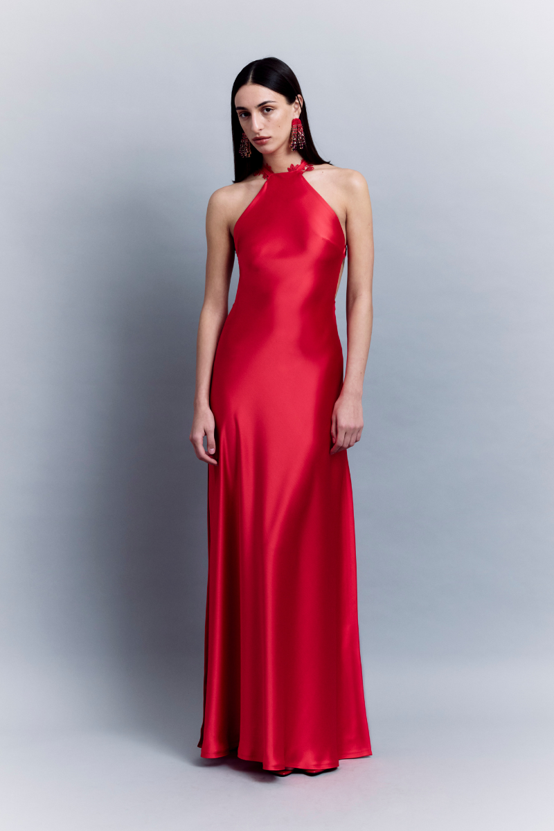 HALTER NECK MAXI SATIN DRESS WITH LACE TRIMMINGS - CULT MIA