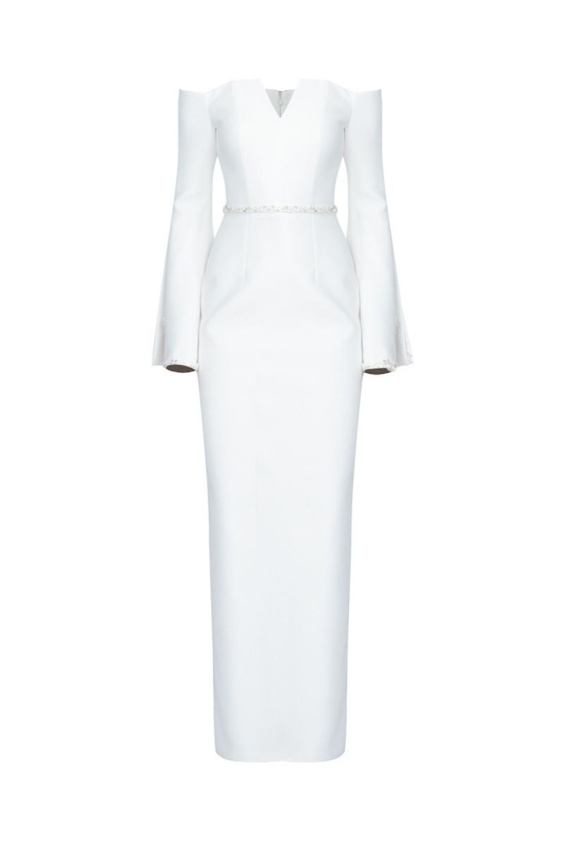 WHITE OFF-SHOULDER SPANISH SLEEVE LONG DRESS - CULT MIA