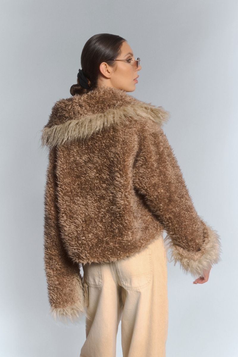 CROPPED FAUX FUR JACKET WITH TURN-UP CUFFS IN BEIGE - CULT MIA
