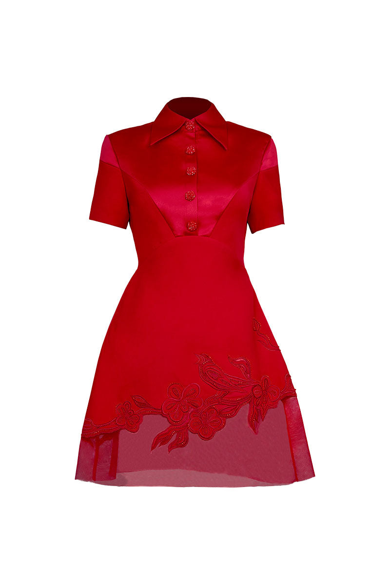 Do Long Crimson Petal Mini Dress, stylish short dress with floral pattern and fitted design, perfect for casual or semi-formal occasions.