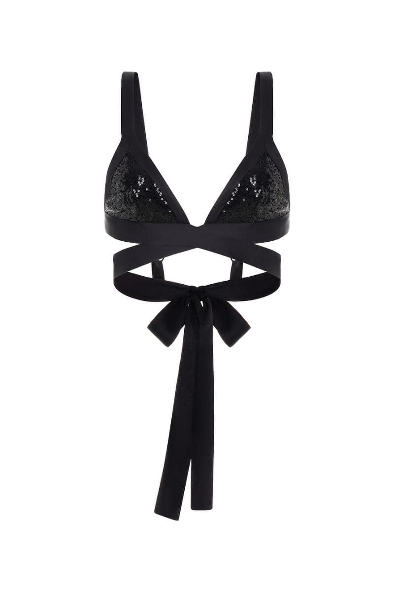 Mirel Prentice sequin wrap bra top with shimmering sequins, long sleeves, and a fitted design for stylish evening wear.