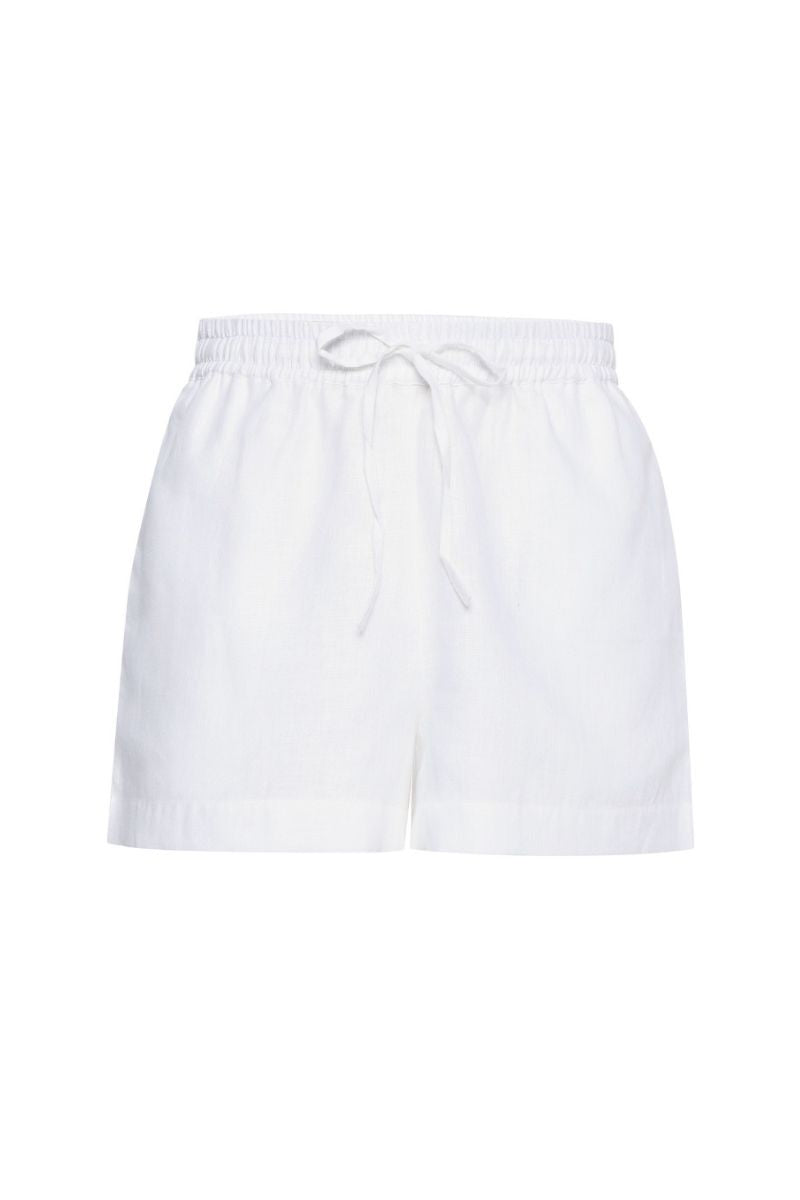 White Summer Away DEIA Shorts with a relaxed fit, shown on a model, featuring a casual and comfortable style.