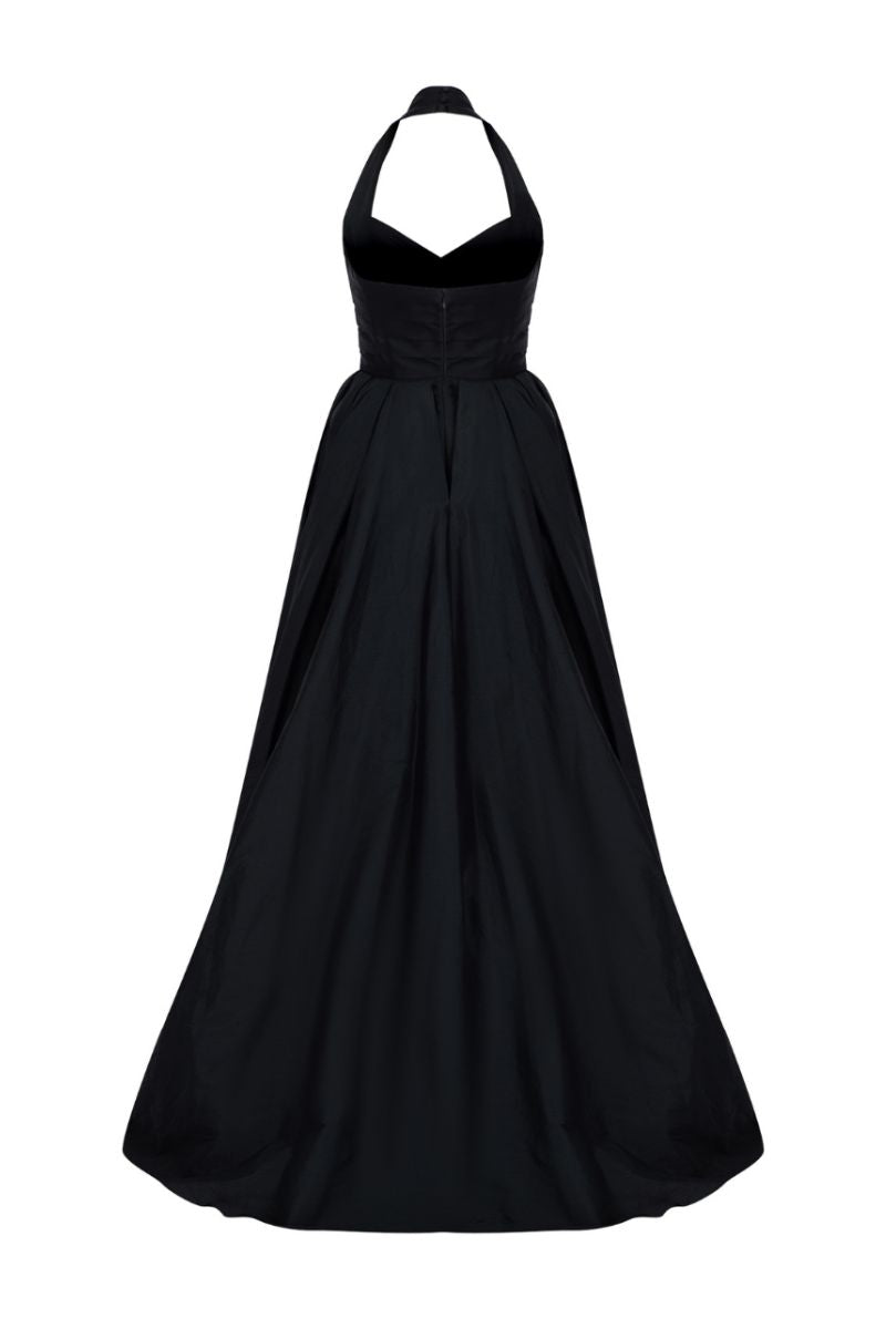 MABLE BLACK HALTER OVERSKIRT GOWN - CULT MIA