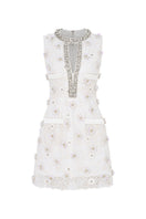 Valenciani mini lace dress with floral appliqué, featuring delicate lace fabric and a stylish, feminine design.