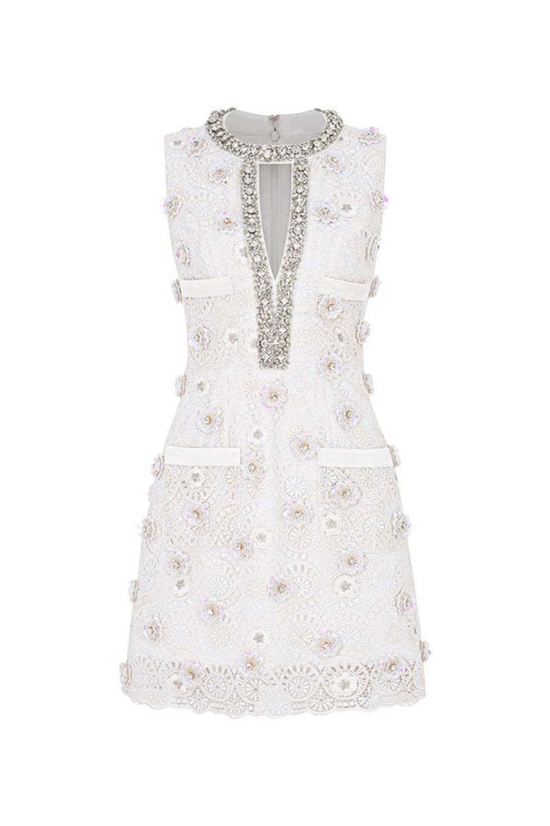 Valenciani mini lace dress with floral appliqué, featuring delicate lace fabric and a stylish, feminine design.
