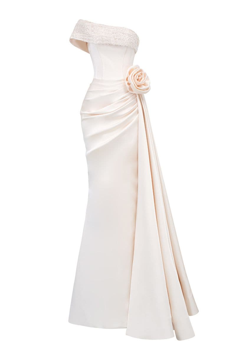 OFF-SHOULDER DRAPED SILK MERMAID GOWN - CULT MIA