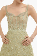 Celadon 3D floral A-line gown by Happy Clothing featuring intricate floral embroidery and flowing fabric.