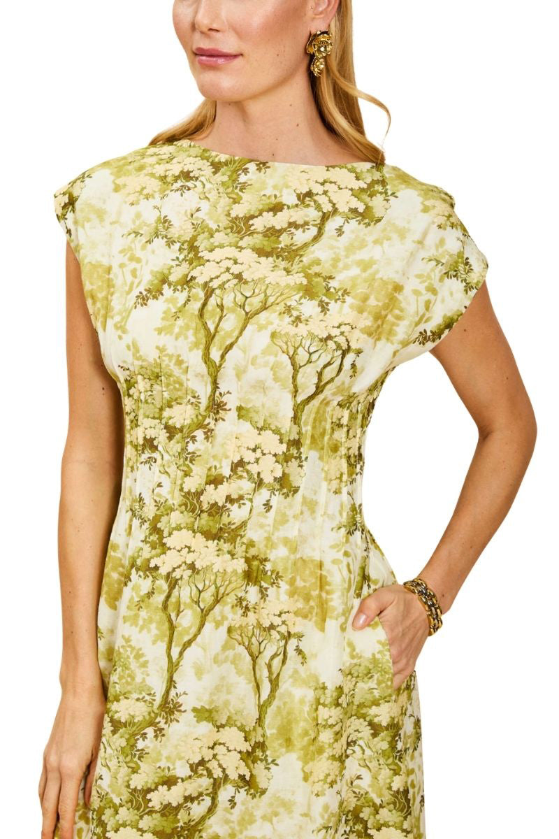 Mestiza New York Quinn midi dress in vibrant citrus toile fabric, showcasing a stylish silhouette and colorful pattern.