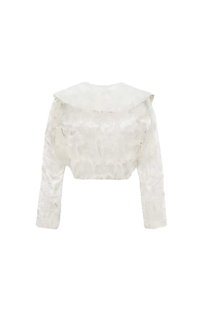 White Onalaja feather jacket with quilted design and puffy texture, displayed on a hanger.