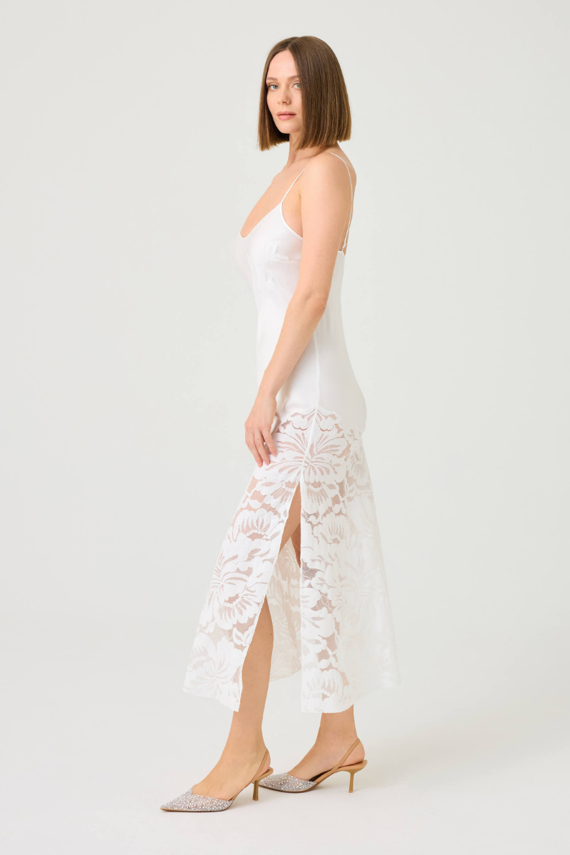 Bocan Couture Elia long rayon nightgown with off-white lace detailing, flowing fabric and elegant design for sleepwear.