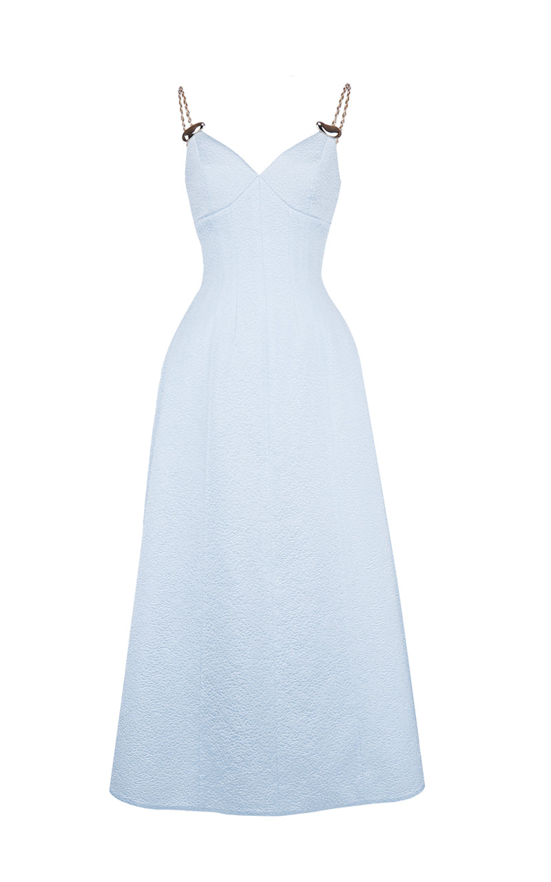 PLUMERIA A-LINE SPAGHETTI STRAP JACQUARD MIDI DRESS - CULT MIA