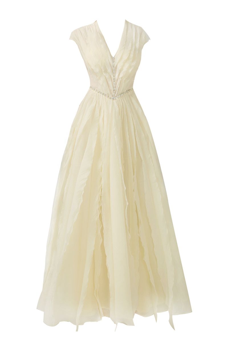 A-LINE PLEATED CHEST ORGANZA BEIGE GOWN - CULT MIA
